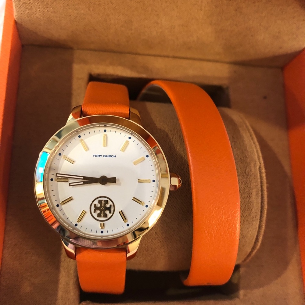 Tory Burch wraparound watch orange leather band